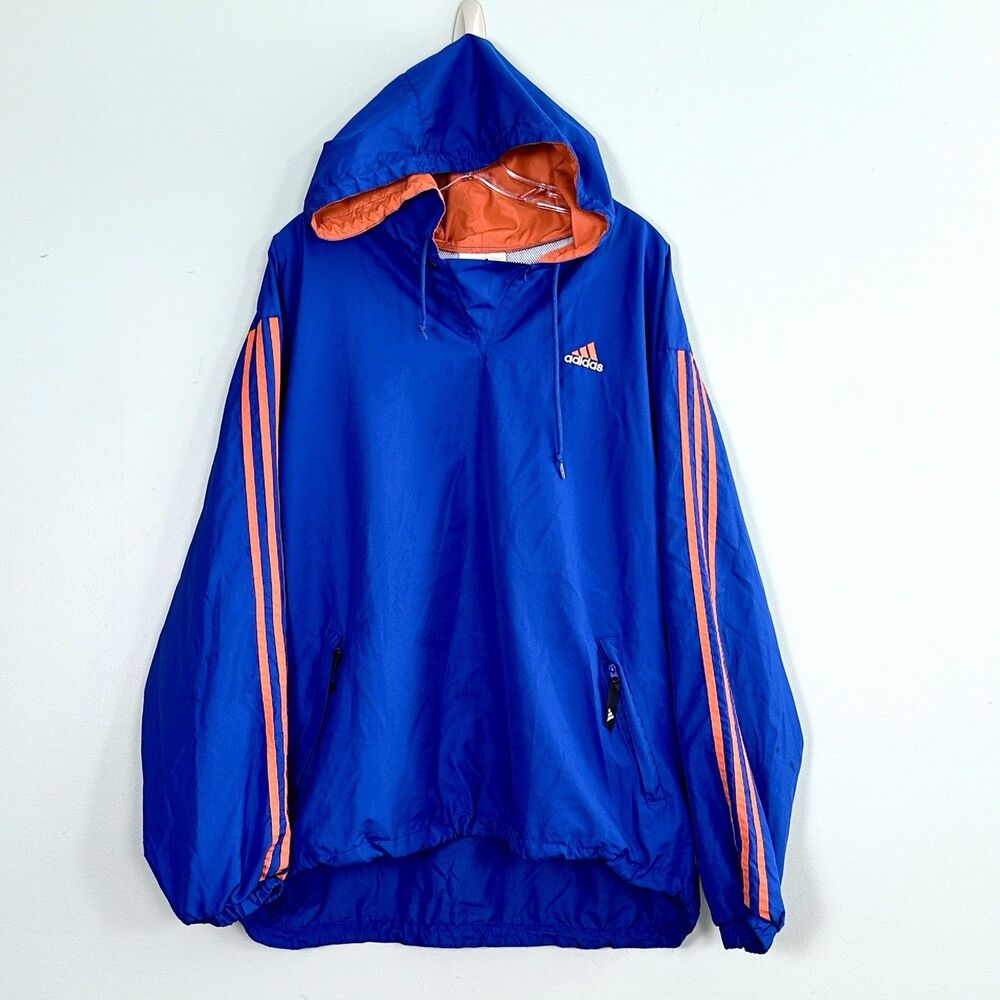 Adidas Windbreaker Pullover Jacket Mens Large Blue Orange Hooded 3 Stripe VTG